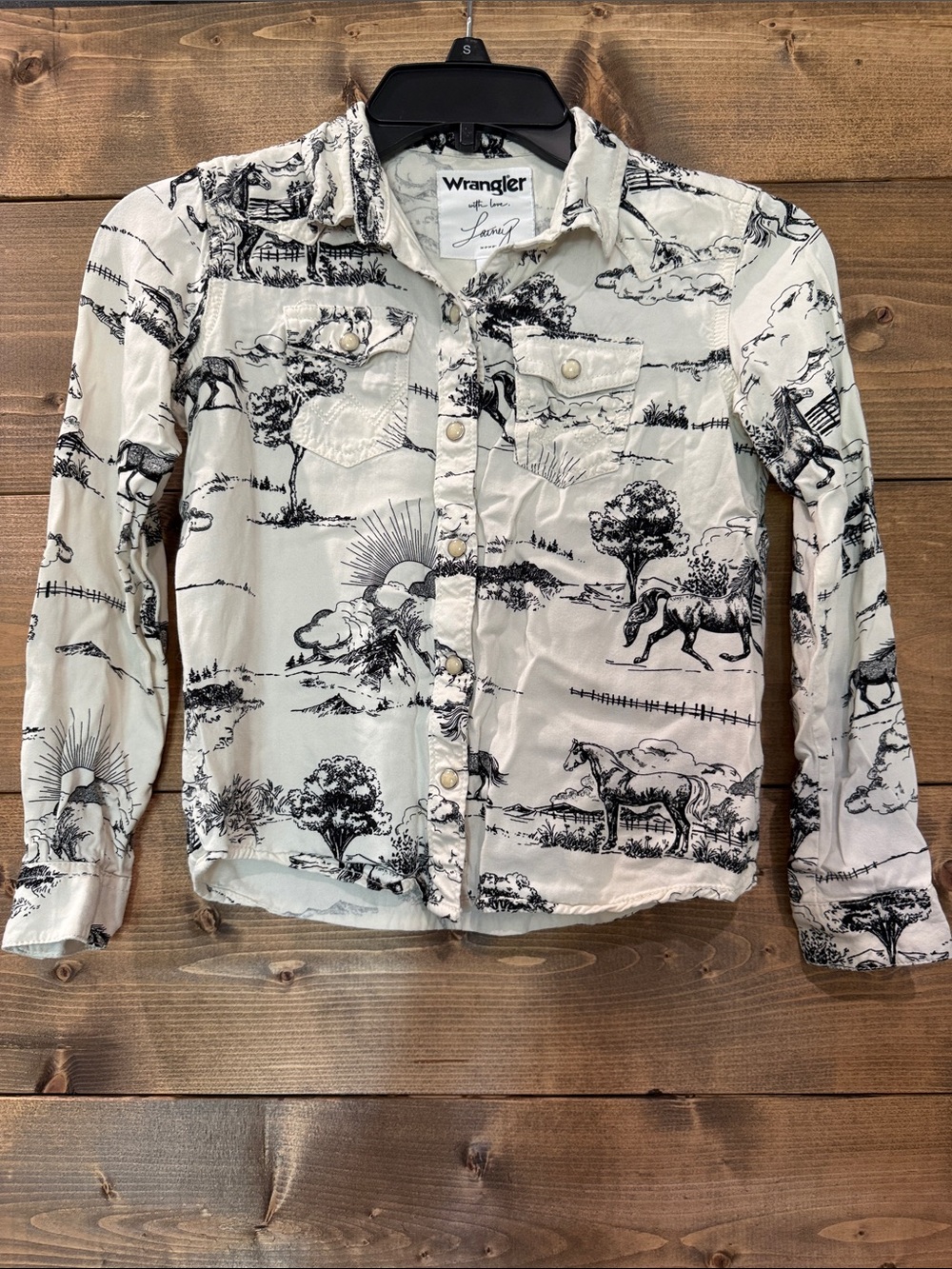 Kids Lainey x Wrangler White and Black Western Scene Pearl Snap Shirt
